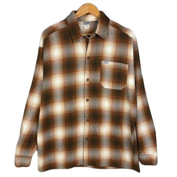 Caltop Old School Flannel Shirt Men L Brown Tan Plaid‎ USA Made Cholo Streetwear - Picture 2 of 10
